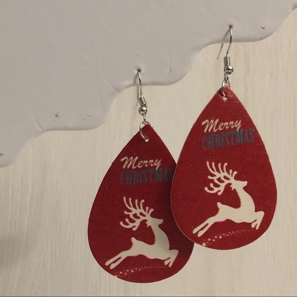 Red Merry Christmas Deer Teardrop Earrings